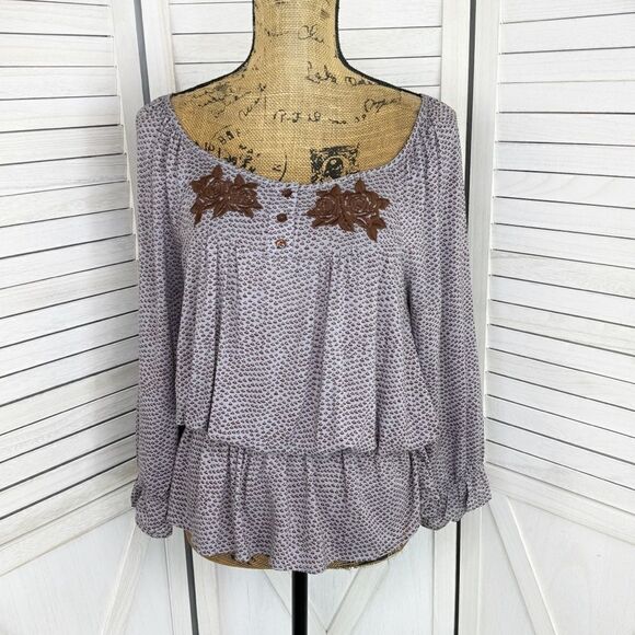 Mine Embroidered Peplum Printed Peasant Blouse Gray Brown Medium - Picture 1 of 12